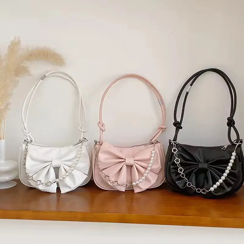 Elegant Bow Shoulder Bag Mini Pearl Chain Handbag