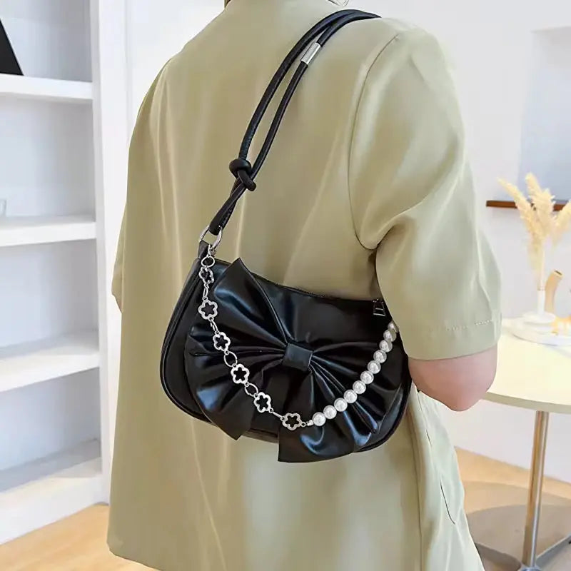 Elegant Bow Shoulder Bag Mini Pearl Chain Handbag