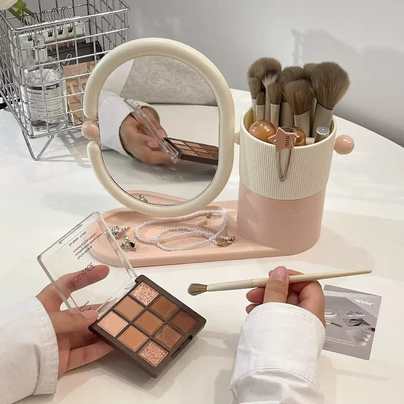 Vanity Mirror Organizer 360° Rotating Makeup Holder with Storage Tray