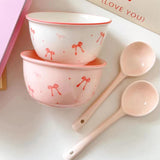 Pack Of 2 Kawaii Bow Ceramic Bowl & Spoon Set