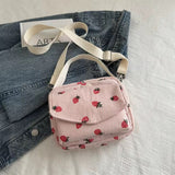 Cute Strawberry Print Corduroy Crossbody Bag