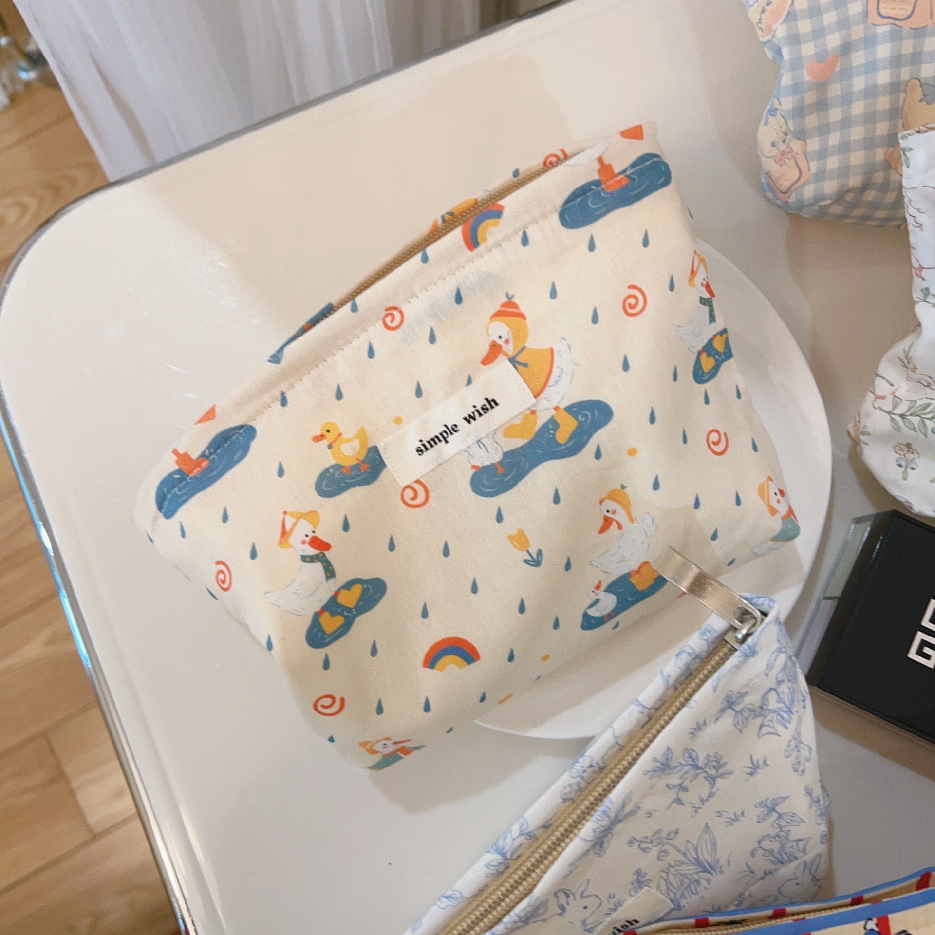 Cute Cartoon Print Mini Coin Purse Square Cotton Zipper Storage Pouch for Earphones & Lipstick