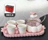 Flower Glass Teapot Set with Candle Warmer Elegant Home Tea Set with Cup & Heater High Beauty Floral Tea Experience
