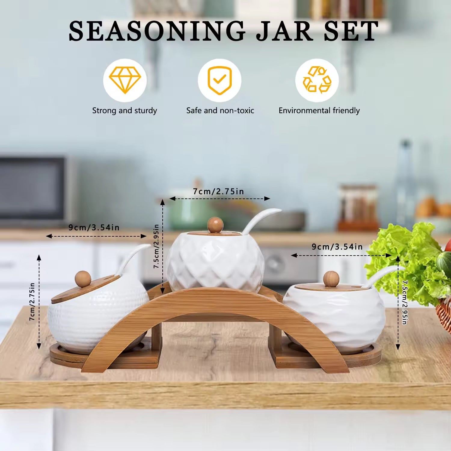 Handmade Ceramic Spice Jar Set with Bamboo Rack 3Piece Condiment Storage