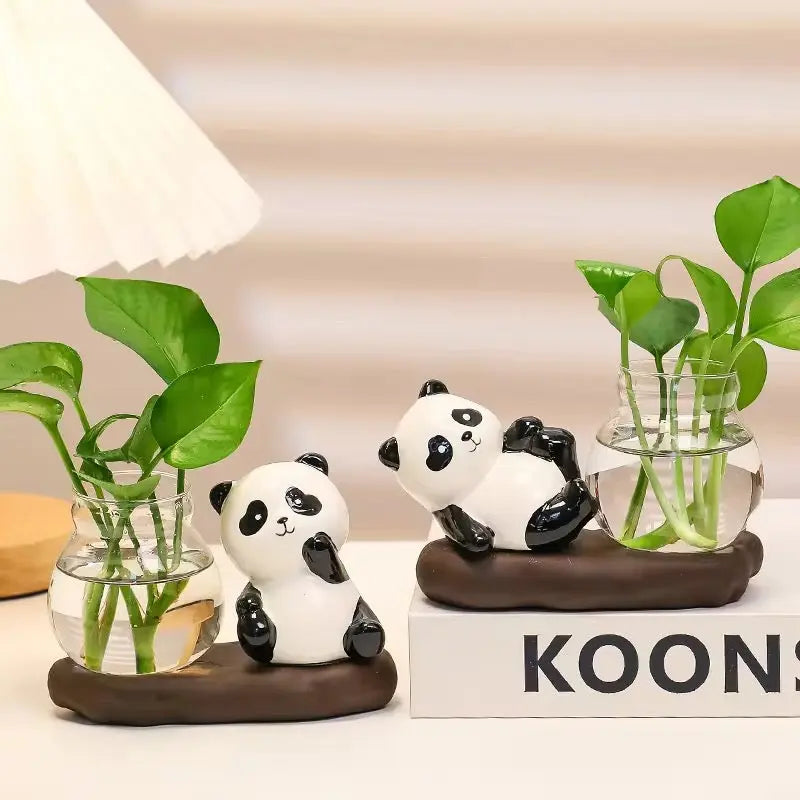 Cute Panda Hydroponic Plant Vase Ceramic Animal Planter with Glass Propagation Vase