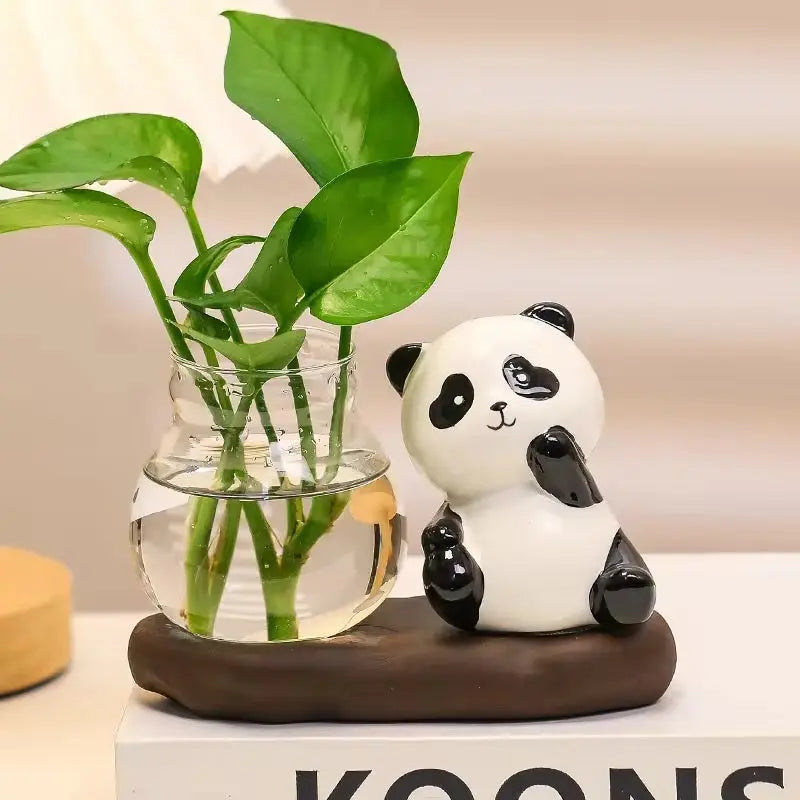 Cute Panda Hydroponic Plant Vase Ceramic Animal Planter with Glass Propagation Vase
