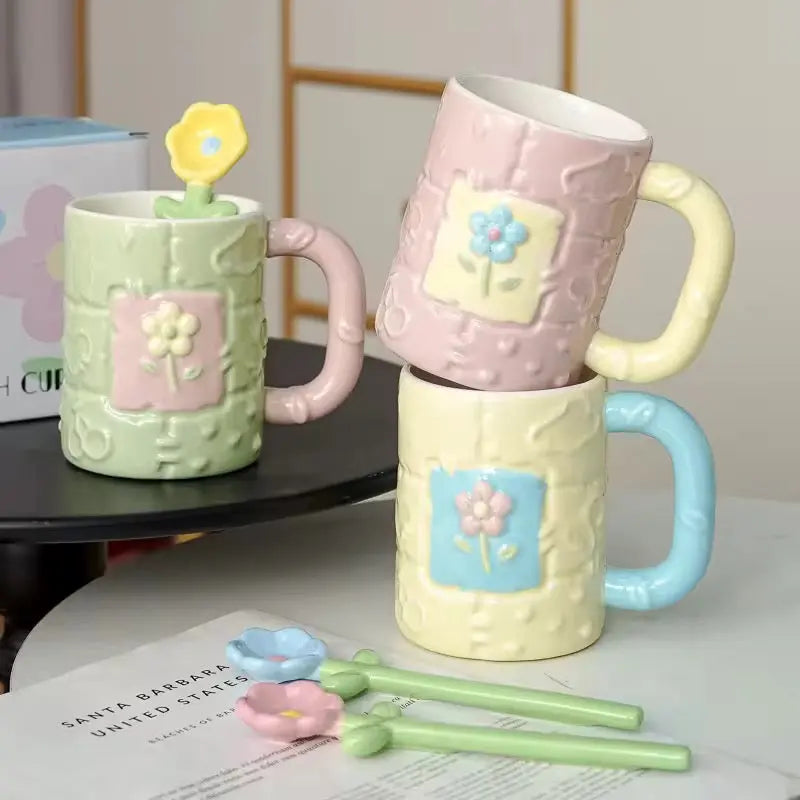 Pastel Flower Ceramic Mug with Floral Spoon Cute Aesthetic Coffee Cup Gift Set