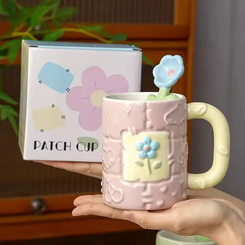 Pastel Flower Ceramic Mug with Floral Spoon Cute Aesthetic Coffee Cup Gift Set