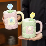 Pastel Flower Ceramic Mug with Floral Spoon Cute Aesthetic Coffee Cup Gift Set