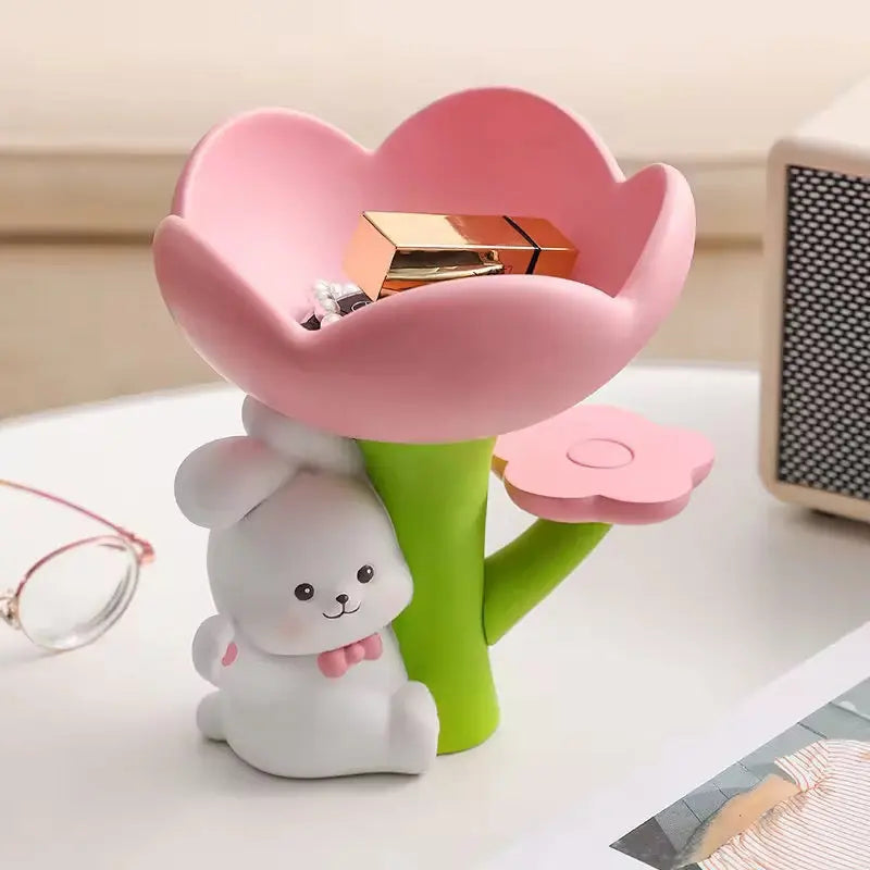 Cute Bunny Flower Jewelry Tray Decorative Desktop Organizer for Accessories & Small Essentials