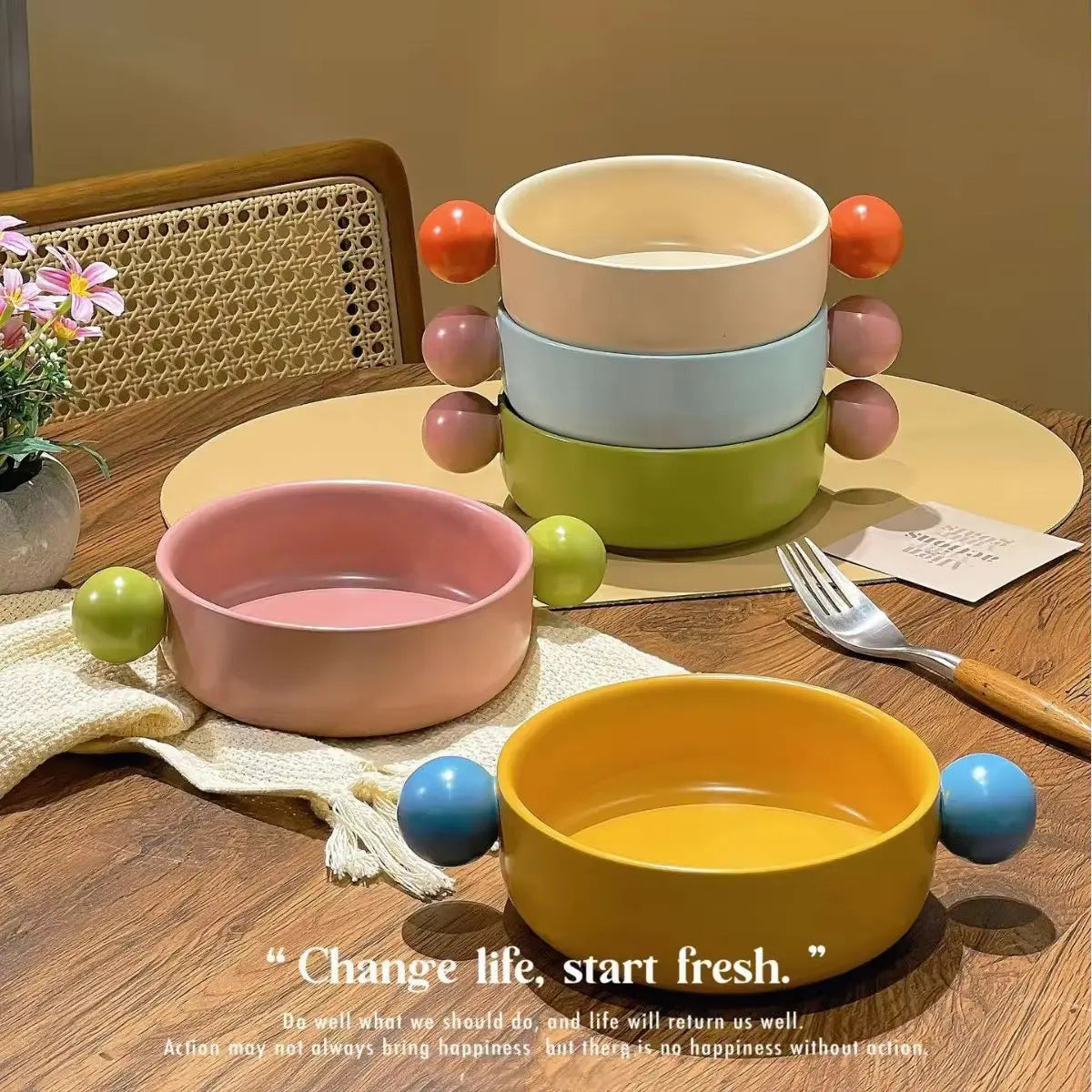 Cute Ear Handle Ceramic Pet Bowl Pastel Raised Food & Water Bowl