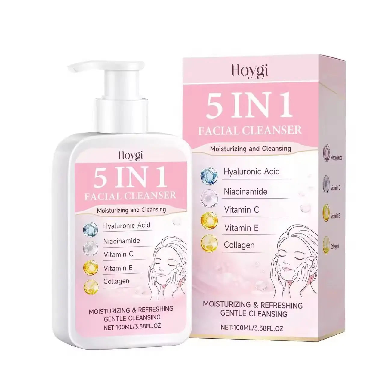 Hoygi 5-in-1 Hydrating Facial Cleanser Hyaluronic Acid, Niacinamide, Vitamin C, Vitamin E & Collagen Face Wash (100ml)