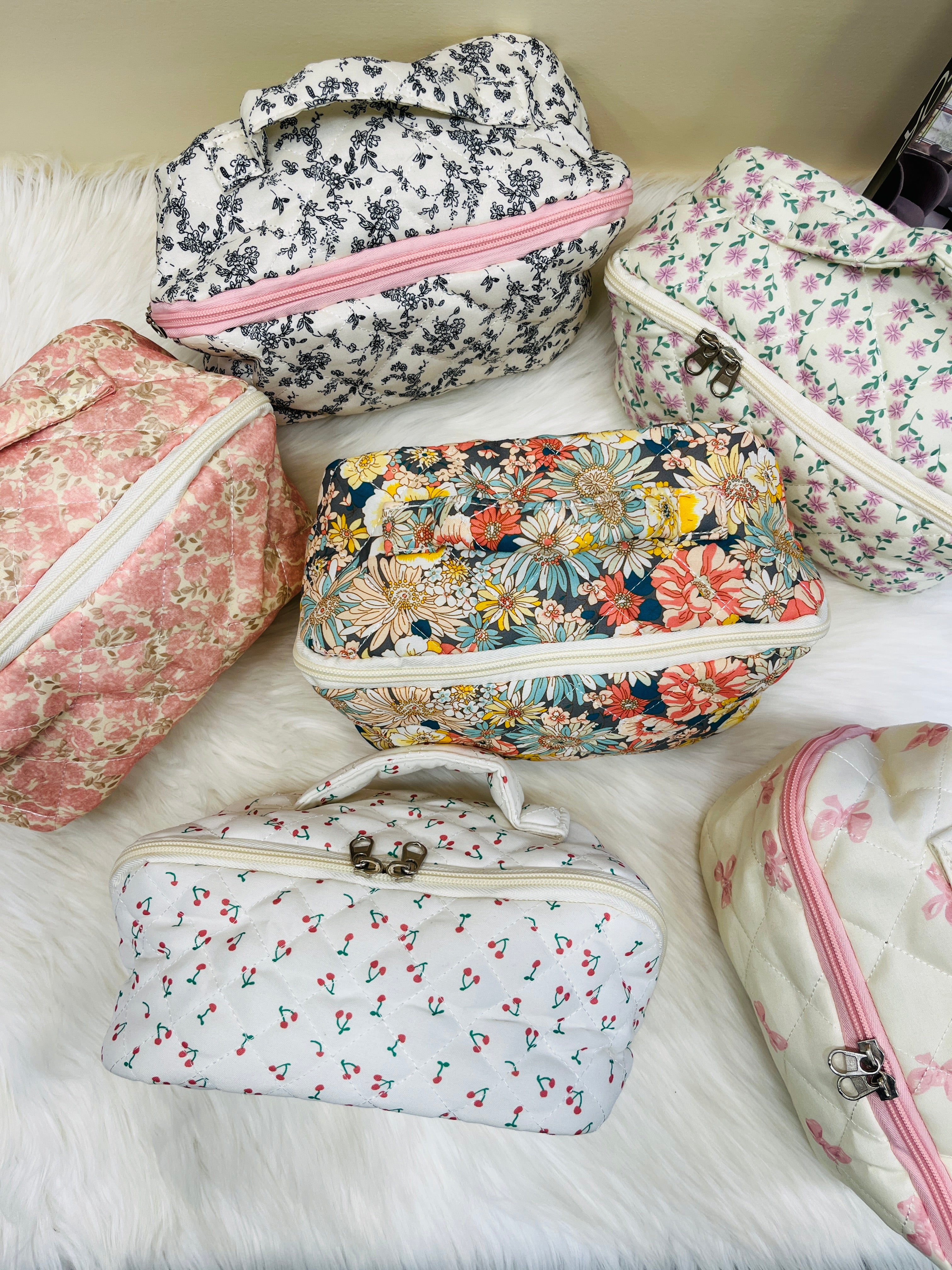 Quilted Floral Travel Cosmetic Bag Multi Pattern Makeup & Toiletry Organizer