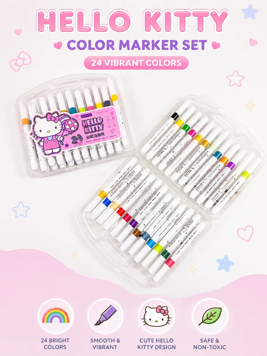 Hello Kitty 24 Color Marker Set – Dual Tip Washable Coloring Markers for Kids