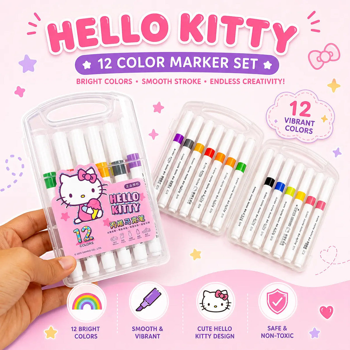 12 Color Marker Pen Set Washable Coloring Markers for Kids, School & Art