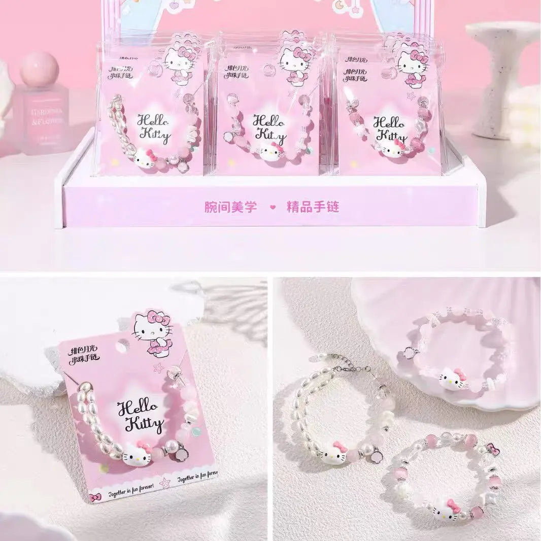 Cute Kitty Pearl Beaded Bracelet Kawaii Adjustable Charm Bracelet for Girls