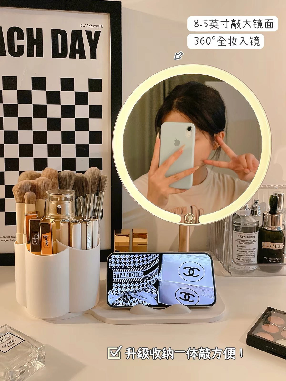 LED Vanity Makeup Mirror with Storage Organizer & Phone Holder Touch Control Desktop Mirror