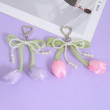 Kawaii Tulip Pearl Ribbon Keychain Cute Heart Charm Bag Pendant & Car Key Accessory SparkelsSparkels