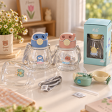 Kawaii Cartoon Animal Water Bottle with Straw & Shoulder Strap