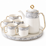 Luxury White & Grey Marble Ceramic Tea Set with Gold Detailing, 6 Cups & Serving Tray 8 Pcs