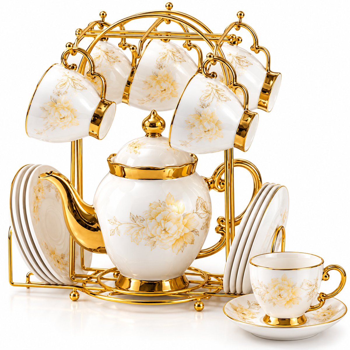 Luxury White & Gold Floral Ceramic Tea Set with 6 Cups, Saucers & Golden Stand 14 Pcs