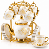 Luxury White & Gold Floral Ceramic Tea Set with 6 Cups, Saucers & Golden Stand 14 Pcs