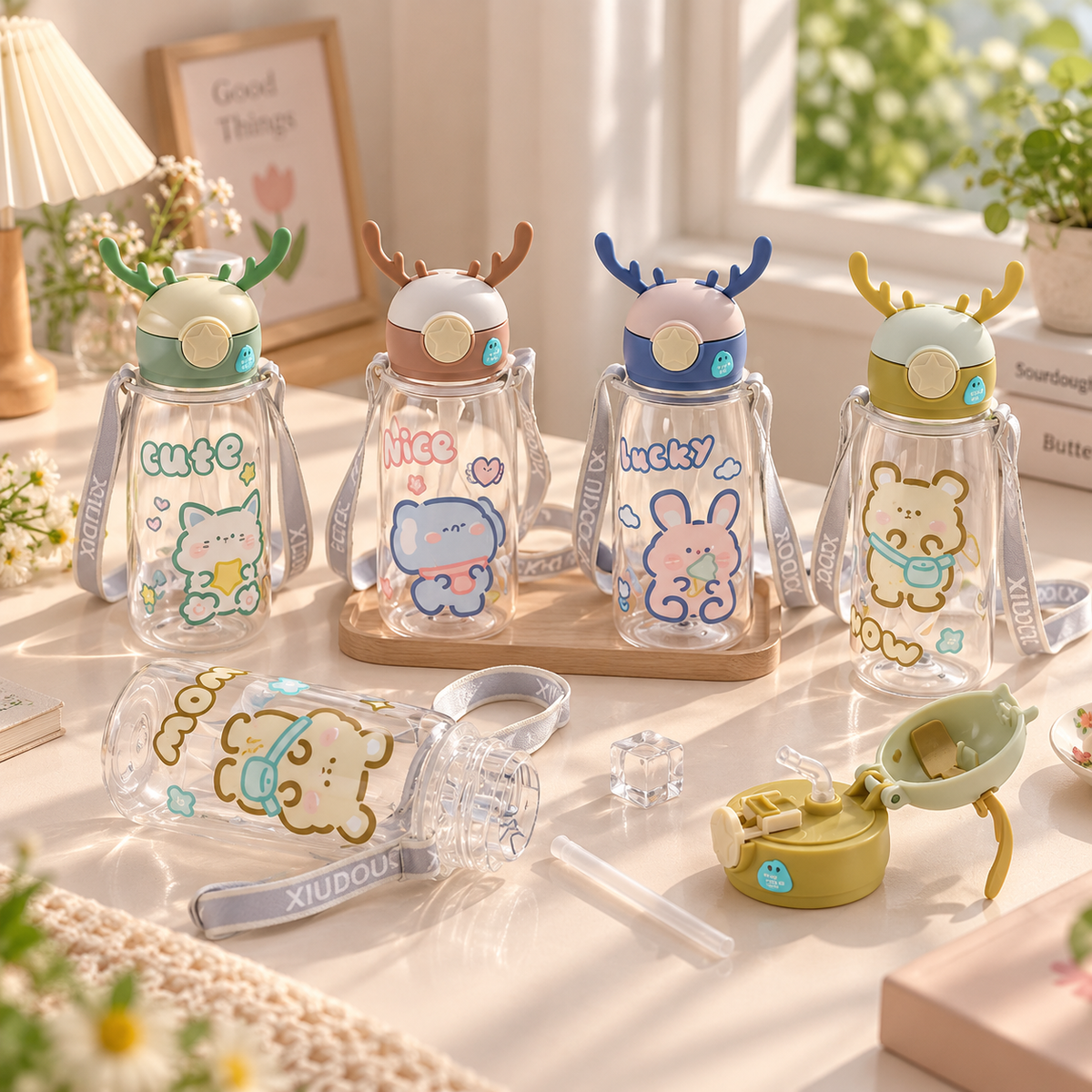 Cute Deer Antler Cartoon Water Bottle with Straw & Shoulder Strap