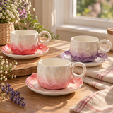 Pastel Ombre Ceramic Tea Cup with Flower Saucer Elegant Coffee Cup Set