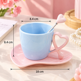 Pastel Heart Handle Ceramic Cup & Saucer Set with Spoon