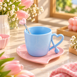 Pastel Heart Handle Ceramic Cup & Saucer Set with Spoon