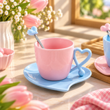 Pastel Heart Handle Ceramic Cup & Saucer Set with Spoon