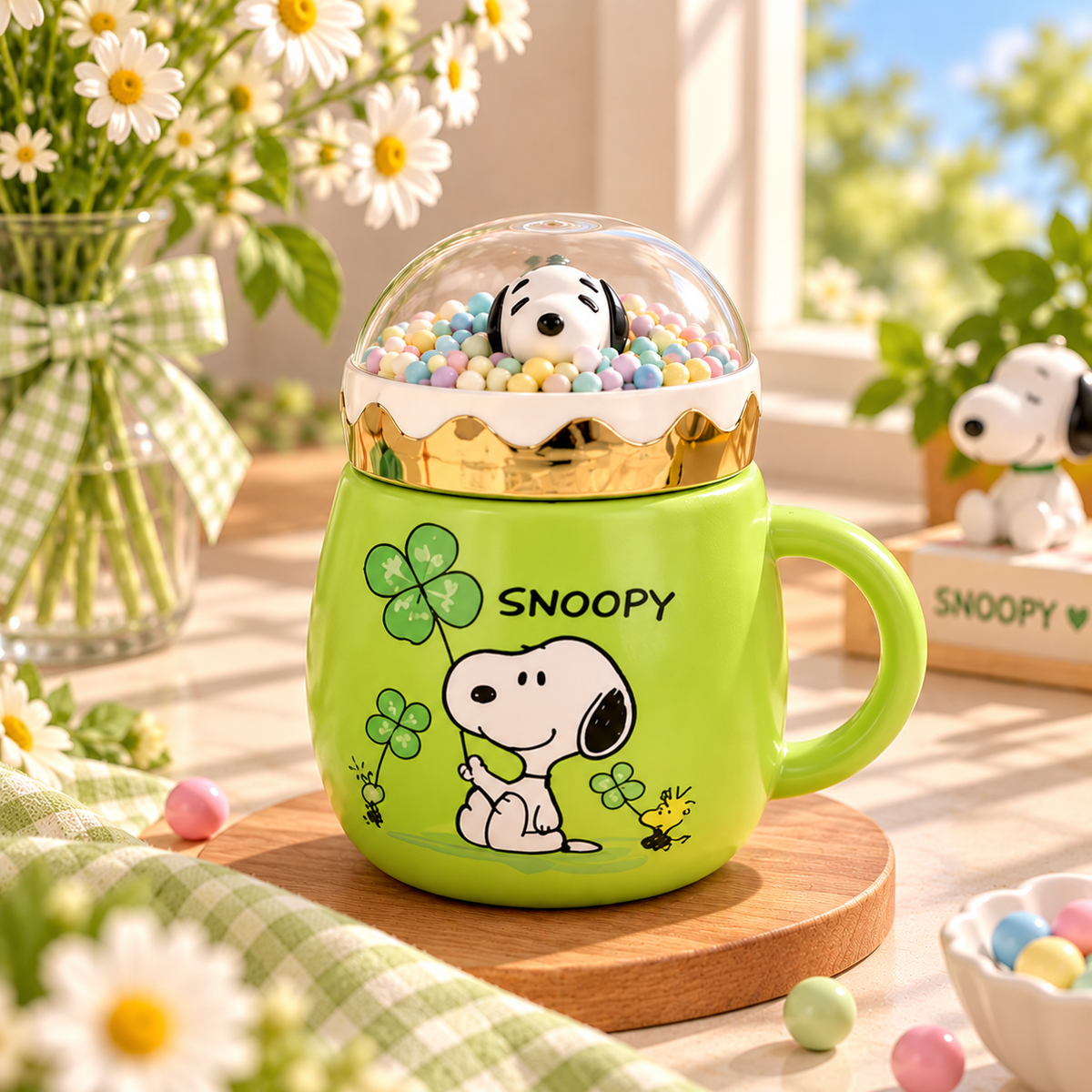 Cute Snoopy Ceramic Mug with 3D Snow Globe Lid