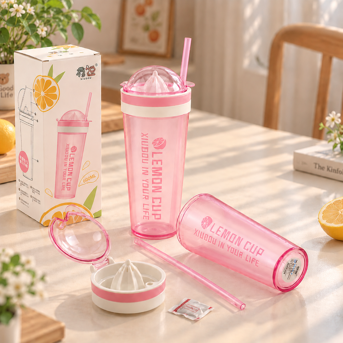 600ml Lemon Cup with Built In Citrus Juicer & Straw