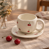 Kawaii Cherry Print Ceramic Tea Cup with Saucer