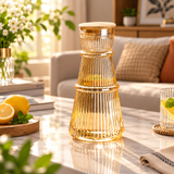 Luxury Ribbed Glass Water Carafe with Wooden Lid & Matching Glass