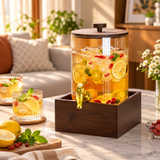 Luxury Ribbed Glass Beverage Dispenser with Wooden Lid, Gold Tap & Wooden Stand 3.6L