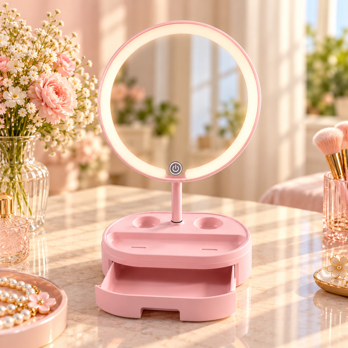 LED Lighted Makeup Vanity Mirror with Storage Drawer & Organizer
