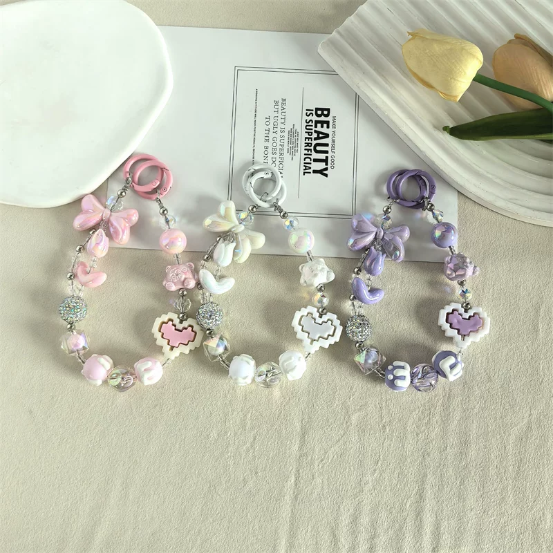 Kawaii Beaded Phone Charm Wrist Strap Cute Butterfly Bear & Heart Bracelet Lanyard for Phone Keys & Bags SparkelsSparkels