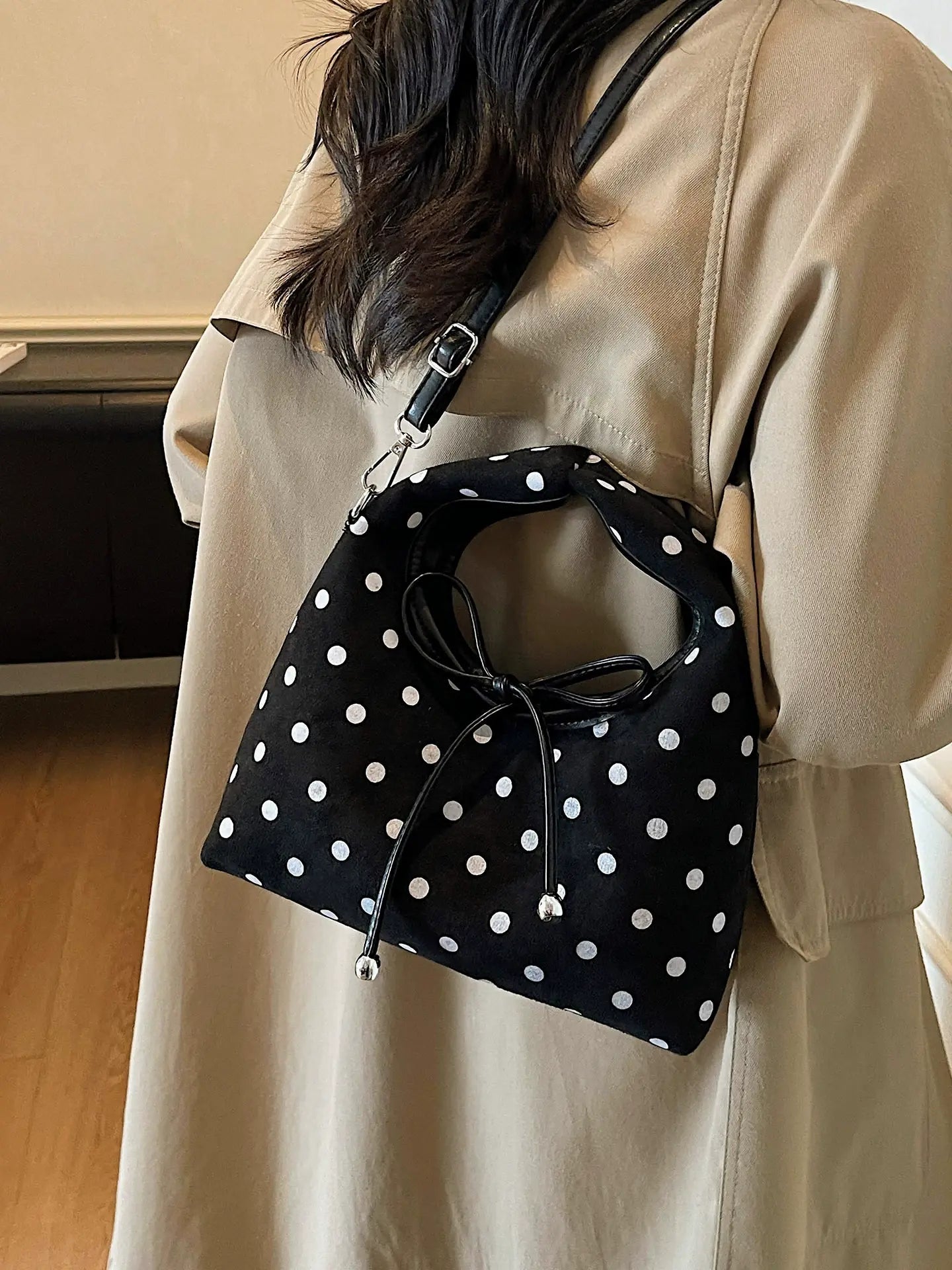 Polka Dot Bow Bucket Shoulder Bag Vintage Aesthetic Crossbody & Handbag for Women SparkelsSparkels