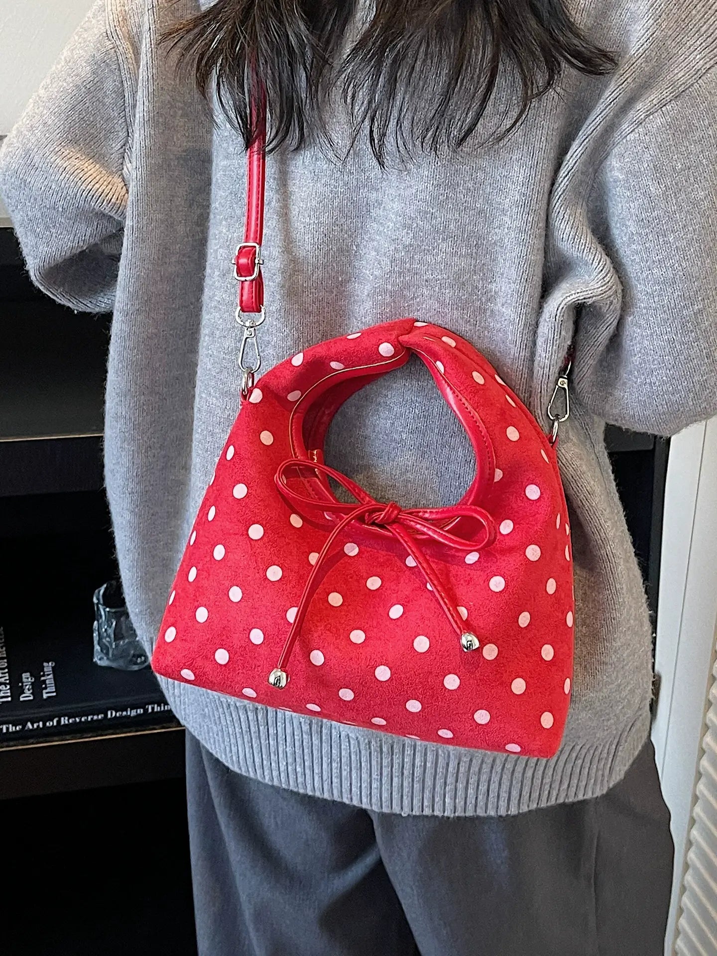 Polka Dot Bow Bucket Shoulder Bag Vintage Aesthetic Crossbody & Handbag for Women SparkelsSparkels