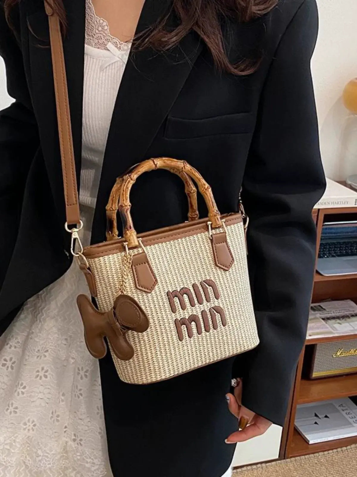 Vintage Woven Bamboo Handle Tote Bag for Women Casual Crossbody Shoulder Handbag with Charm SparkelsSparkels