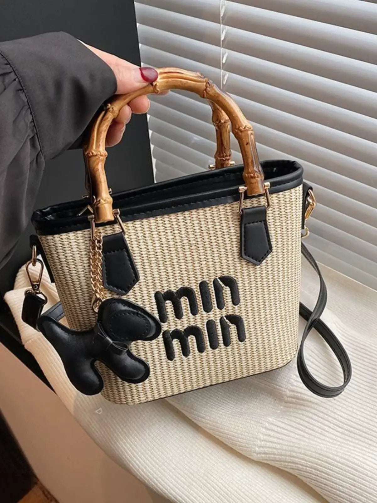 Vintage Woven Bamboo Handle Tote Bag for Women Casual Crossbody Shoulder Handbag with Charm SparkelsSparkels