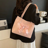 Velvet Bow Tote Shoulder Bag Cute Korean Aesthetic Handbag Soft Girls Shoulder Purse SparkelsSparkels