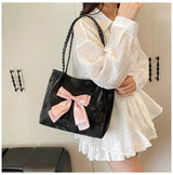 Velvet Bow Tote Shoulder Bag Cute Korean Aesthetic Handbag Soft Girls Shoulder Purse SparkelsSparkels