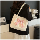 Velvet Bow Tote Shoulder Bag Cute Korean Aesthetic Handbag Soft Girls Shoulder Purse SparkelsSparkels
