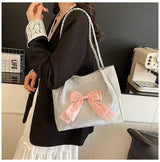 Velvet Bow Tote Shoulder Bag Cute Korean Aesthetic Handbag Soft Girls Shoulder Purse SparkelsSparkels