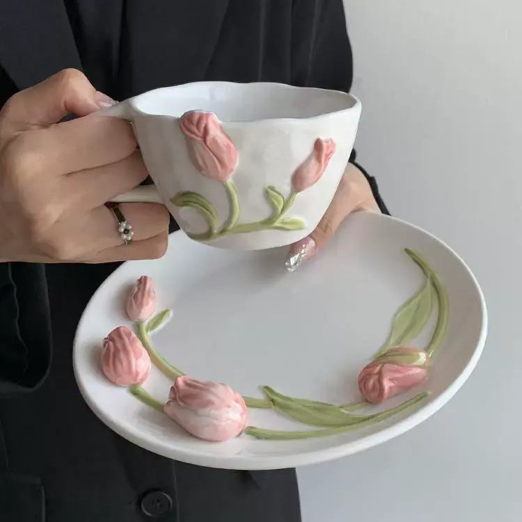 Handmade Tulip Ceramic Cup & Saucer Set 3D Relief Flower Coffee & Tea Cup with Plate SparkelsSparkels