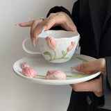 Handmade Tulip Ceramic Cup & Saucer Set 3D Relief Flower Coffee & Tea Cup with Plate SparkelsSparkels