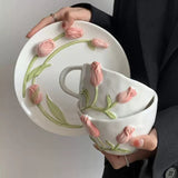 Handmade Tulip Ceramic Cup & Saucer Set 3D Relief Flower Coffee & Tea Cup with Plate SparkelsSparkels