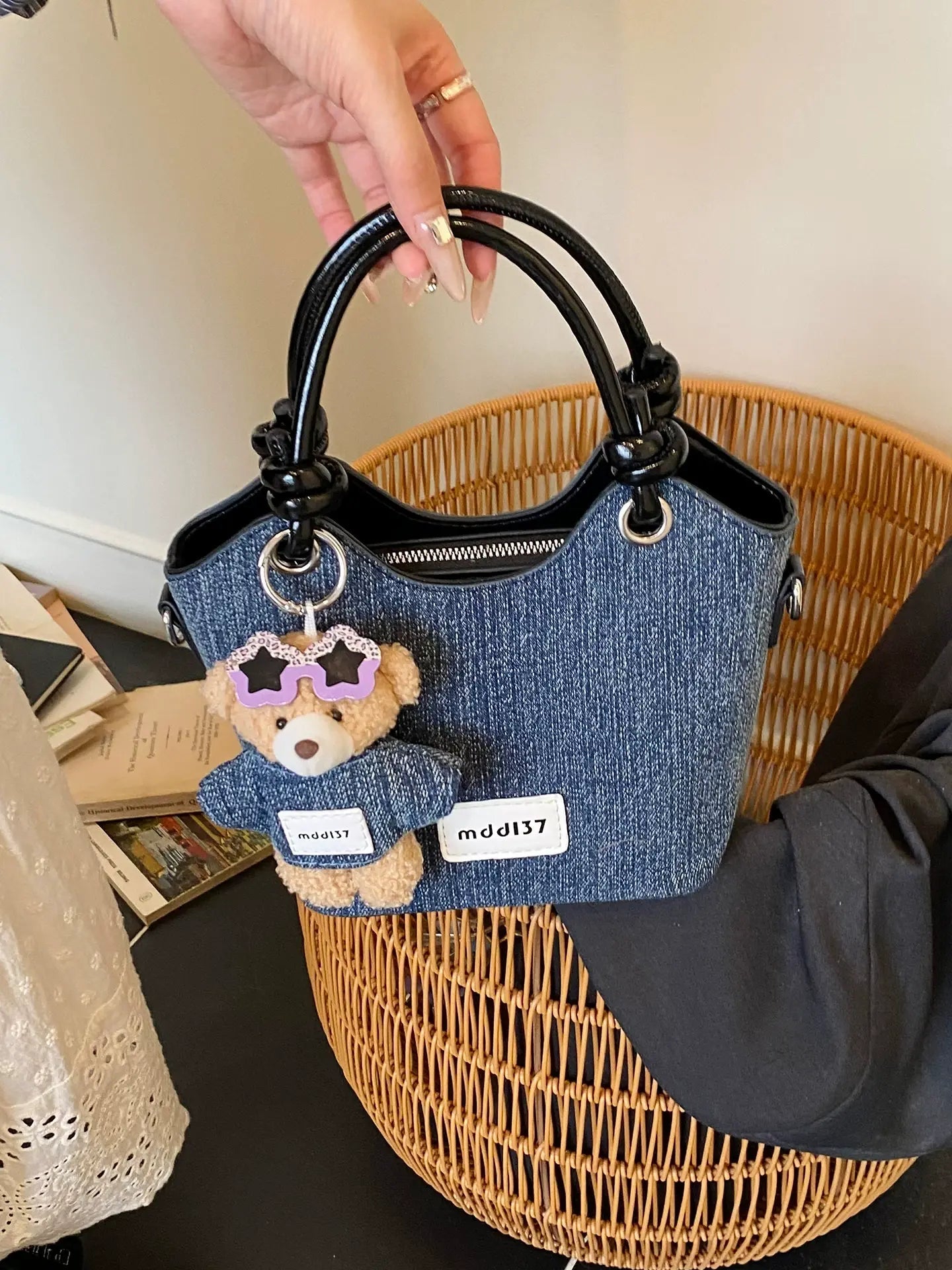 Cute Denim Teddy Bear Handbag Mini Crossbody Tote Bag for Women & Girls SparkelsSparkels